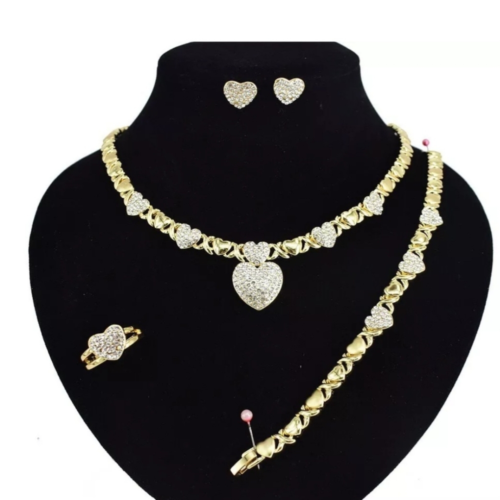Gold Filled Heart Jewelry Set HUGS&KISSES necklace bracelet earrings ring gold f